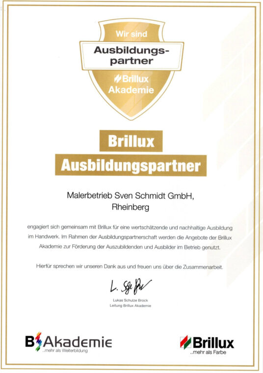 Ausbildungspartner der Brillux Akademie – Malerbetrieb Sven Schmidt GmbH, Rheinberg
