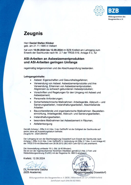 Sachkunde nach TRGS 519 Asbest – BZB Zertifikat Malerbetrieb Sven Schmidt GmbH, Rheinberg